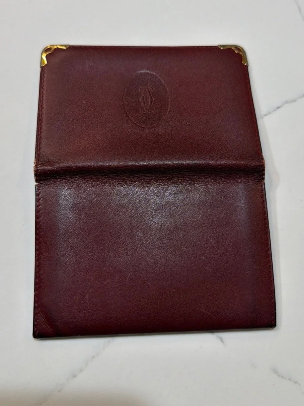 Authentic Cartier Leather Card Holder - Burgundy with Gold Corners